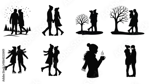 Couple silhouettes in winter season with snow