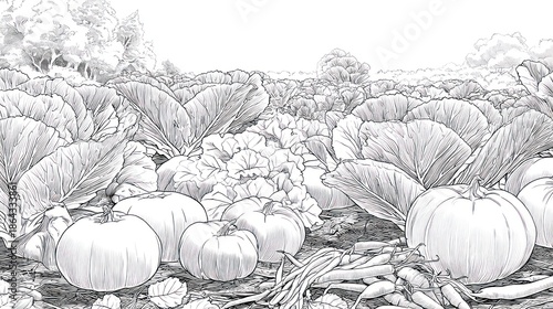 Black-and-white illustration of a garden with pumpkins, cabbage, beans, and greenery