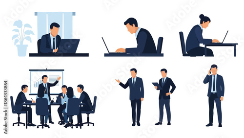 Business professionals working in office and meeting settings