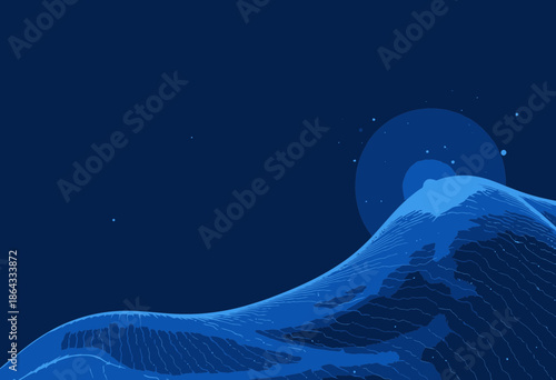 Abstract Digital Landscape with Flowing Waveform and Glowing Light Source Against Deep Blue Background Suggesting Futuristic Technology and Energy