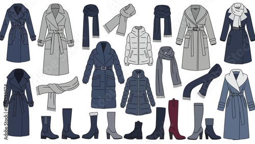 Collection of winter clothes for women including coats and boots