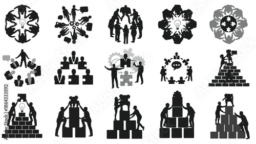 Teamwork and collaboration silhouette icons collection