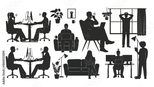 People working and relaxing in office and home settings