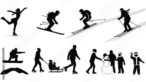 Skiing and snowboarding silhouettes on white background