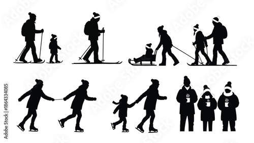 Winter Family Outdoor Activities Silhouette Set: Skiing, Ice Skating, Sledding