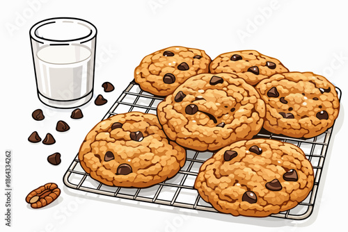 Homemade crispy cookies with plenty of chocolate served with milk.