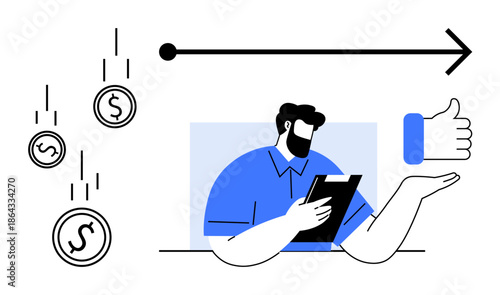 Financial planning, online business, investment strategies, economic analysis, approval, decision-making. A person holding a tablet, falling coins rightward arrow and a thumbs-up icon. Financial