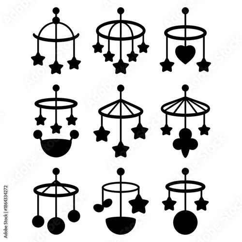 set of baby cot  hanging toy icons