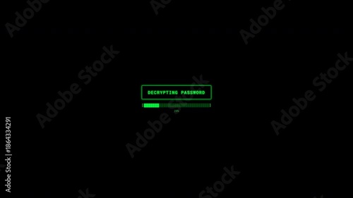 Digital hacking simulation interface with green terminal text scrolling logs followed by password decryption progress bar and access granted message on black background
