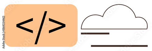 Cloud computing, web development, coding, data storage, software design, programming tools. Minimal cloud and code bracket symbols. Cloud computing and web development elements
