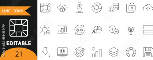 A modern vector set of 21 editable line icons featuring modular shapes, analytics, security, cloud, and interface elements. Ideal for UI design systems, customizable infographics, presentations, and d