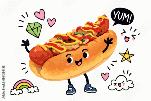 Cute food character decorated with sauces and garnishes on it.