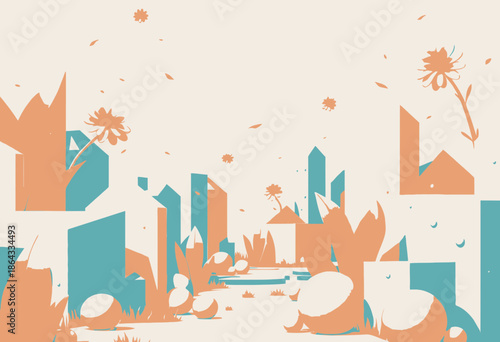 Whimsical Pastel Cityscape with Geometric Buildings and Floral Elements under a Clear Sky