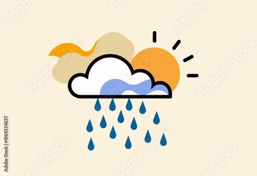 Illustration of changing weather conditions featuring a stylized sun, clouds, and raindrops symbolizing a dynamic weather pattern with elements of both sunshine and rain