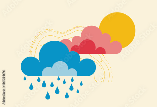 Illustrative depiction of weather transition with colorful clouds and rain juxtaposed against a vibrant sun on a light background
