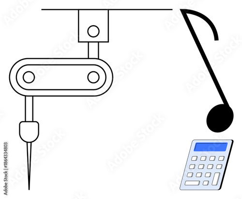Industrial automation, creative design, technology education, robotics, manufacturing, music innovation. Robotic arm, calculator and music note on white background. Industrial automation