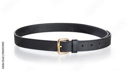 Brown leather belt with gold metal buckle, isolated on a white background with reflections.