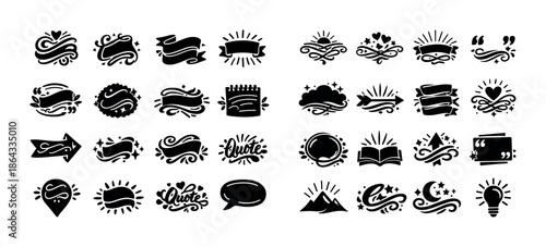 Diverse set of decorative graphic icons with swirls and banners