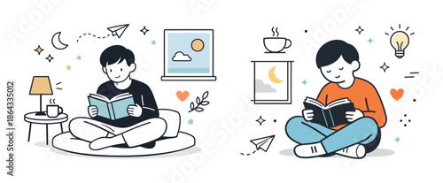 Young asian male illustrations reading indoors day and night with cozy elements