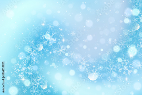 Winter background with white pattern of falling snowflakes, sparkles and blurred bokeh. Vector light blue holiday sky with frosty crystals and stars. Christmas decorative border.