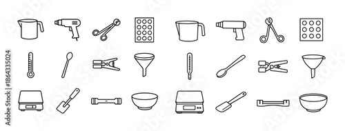 Outline icons of kitchen and laboratory instruments for cooking and experimentation