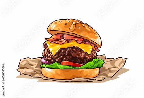 Juicy hamburger with plenty of ingredients presented in a large bread.