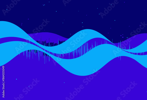Abstract Representation of Wavy Sound Waves Flowing Through a Starry Purple and Blue Night Sky with Vibrant Energy