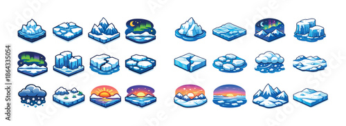 Collection of arctic and winter themed icons featuring icebergs, snow, and northern lights