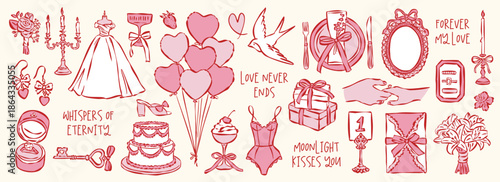 Whimsical hand drawn romantic love and wedding illustration collection. Artwork with adorable love slogans for greeting cards.