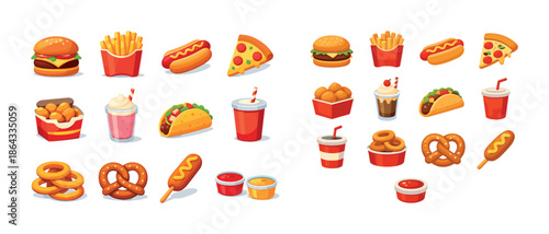 Assorted fast food icons: burgers, fries, pizza, and more delicious snacks