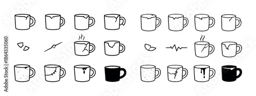 Set of 20 cracked and intact coffee mugs icons in various designs