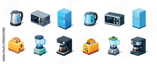 Collection of modern kitchen appliances including blender toaster kettle microwave fridge