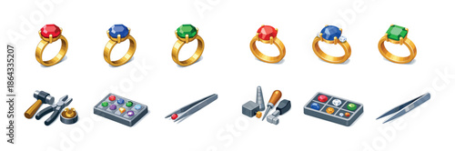 Gold rings with colorful gems and jewelry tools
