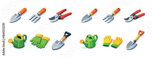 Colorful gardening tools set with watering can, gloves, and shovel on white background