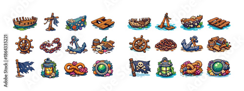 Cartoon nautical items collection featuring anchors, lighthouses, and shipwrecks with oceanic decor