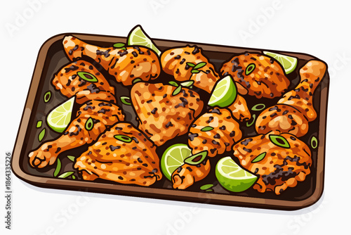 Appetizing freshly cooked chicken drumsticks and wings served on a wooden tray.