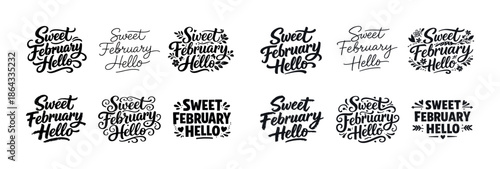 Sweet february hello typography designs in black on white background