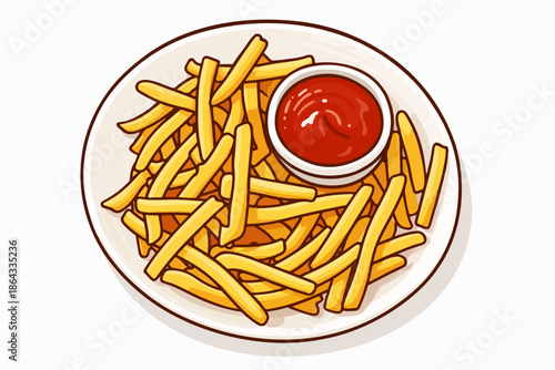 Appetizing french fries served hot with an accompanying ketchup bowl.