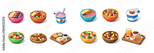 Colorful breakfast bowls and trays with fruits, cereal, yogurt, and drinks
