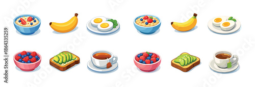 Healthy breakfast options with fruit, eggs, and tea