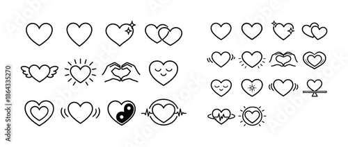 Heart icon set: outline designs of love, emotions, and gestures in black and white