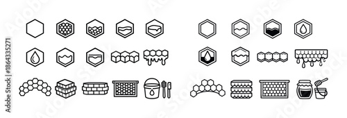 Honeycomb icon set: beekeeping, honey jars, dripping honey design elements