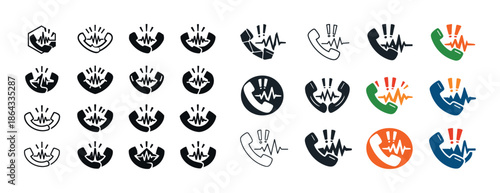 Emergency call icons set with alert symbols in various colors and styles