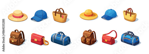 Variety of hats, bags, and backpacks on a white background