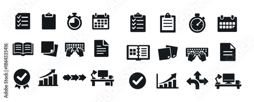 Set of office and productivity icons including checklist, stopwatch, calendar, book, keyboard, and computer