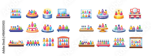 Colorful nail polish bottles displayed on shelves and stands