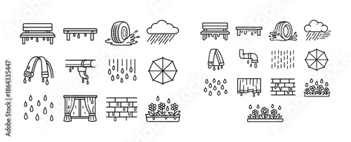 Outline icons of rainy weather items and outdoor equipment
