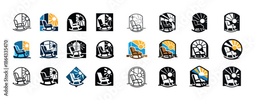 Set of rocking chair logos with sun and window designs in various colors