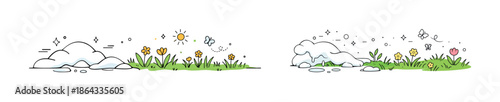 Transition from winter snow to spring flowers with sunshine and butterflies
