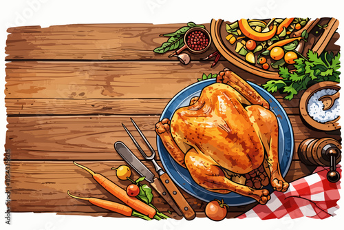 Whole roasted chicken served on a wooden tray.